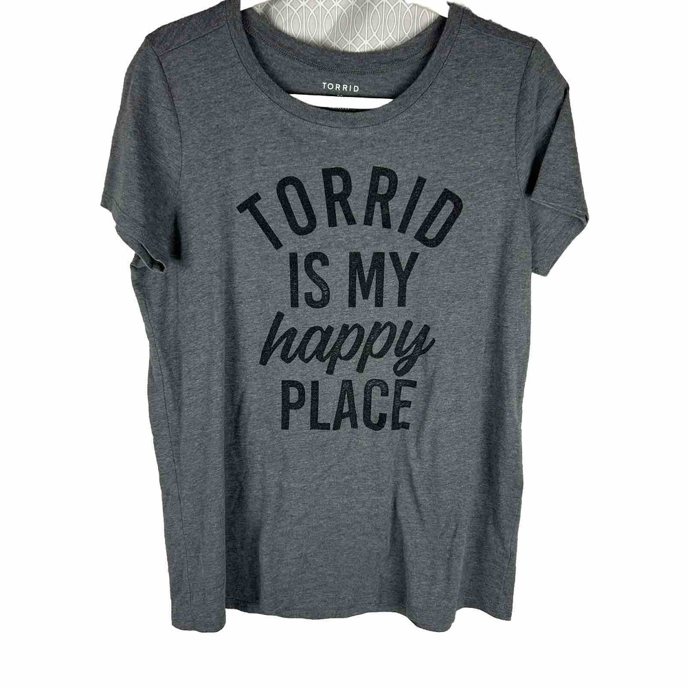 Torrid Is My Happy Place Graphic Crew Neck Tee 00 Grey Black Short Sleeve Cotton